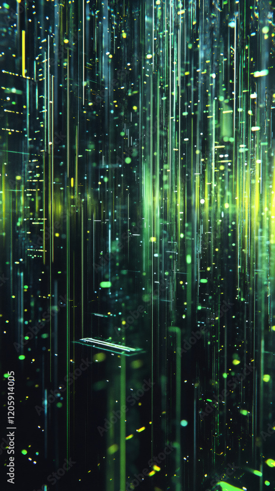 Poster vibrant green and yellow digital rain cascading down, forming an expansive data stream within the de