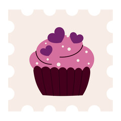 A charming cupcake with pink frosting, heart-shaped decorations, and white polka dots on a beige background. Perfect for Valentine’s Day, romantic designs, bakery promotions, and festive celebrations