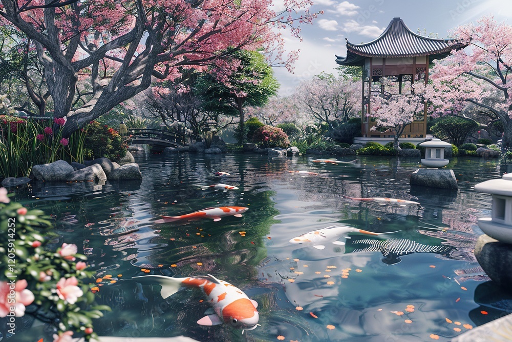 Poster a pond with a bridge and a pavilion in the background