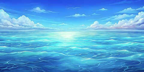 Serene Ocean Waves Under Bright Blue Sky with Fluffy Clouds Reflection