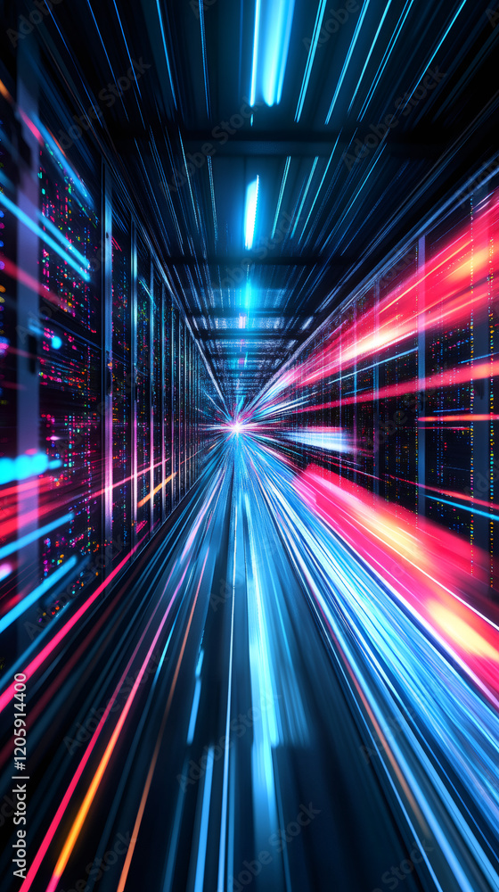 Poster light trails illuminating server racks in a data center, symbolizing rapid data transfer and network