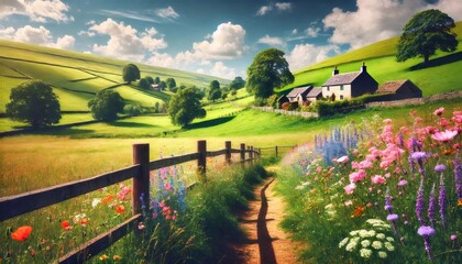 Obraz premium Idyllic landscape showcasing vibrant wildflowers, rolling green hills, and charming rural houses under a bright blue sky