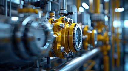 Obraz premium Close-up of industrial valves and pipes in a natural gas processing plant, showcasing their intricate details
