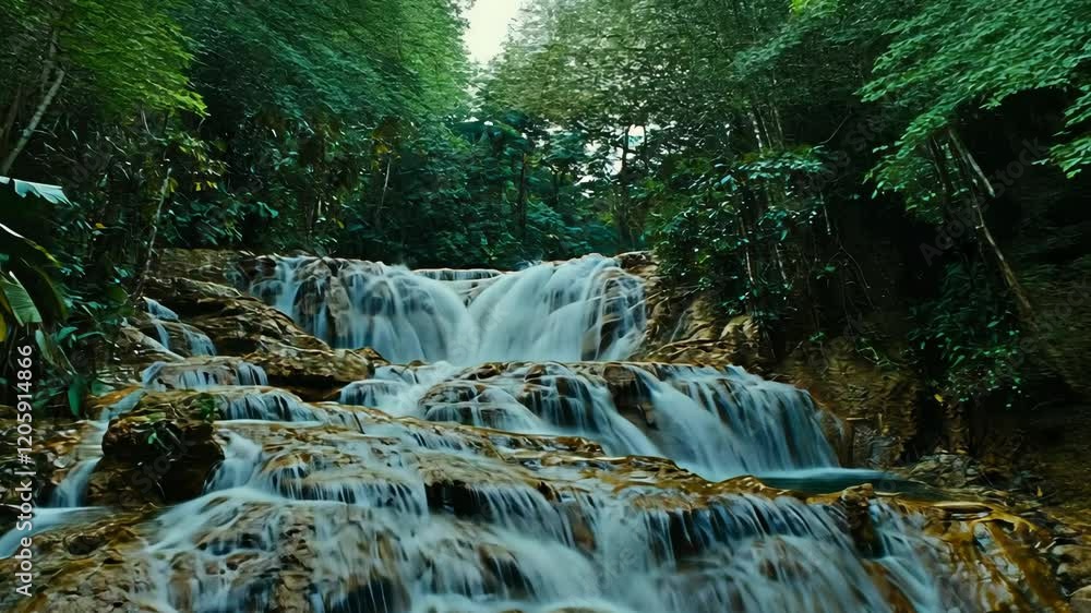 Poster serene cascading water flows through lush greenery in a tranquil forest setting