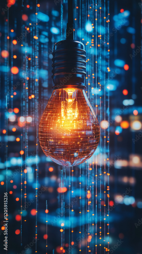Poster glowing light bulb illuminating falling binary code streams, representing digital information flow a