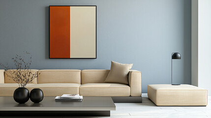 Contemporary interior design with a beige couch, a sleek coffee table, and a muted abstract art piece on a soft gray wall.