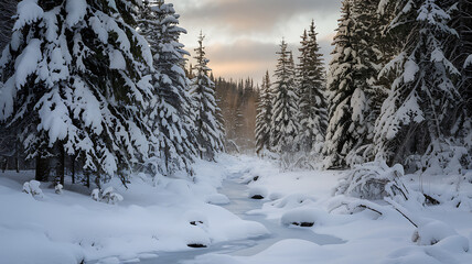 Obraz premium Winter forest wonderland with snow-laden evergreens, frozen stream, animal tracks, icicles, and serene, pristine wilderness beauty