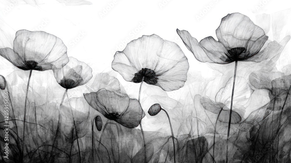 Aufkleber a delicate black and white sketch of a field filled with translucent poppies creating an elegant and