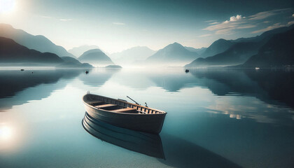 Serene Lake with Lone Boat and Misty Mountains