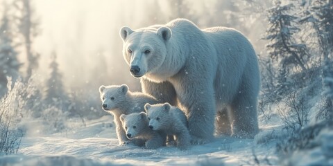 A mother polar bear with two cubs in the Arctic snow. Represents maternal care, Arctic wildlife, and the urgency of conservation efforts.