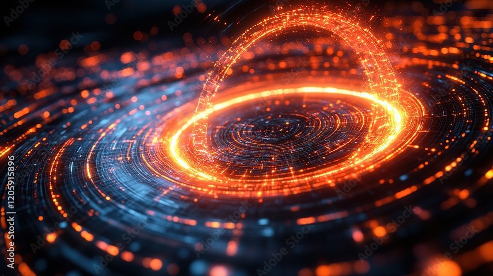 Poster glowing particle ring spinning with light trails on dark background