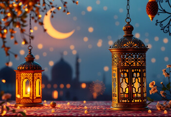 Fototapeta premium Glowing Ramadan Lanterns Night Scene Festive Islamic Decor