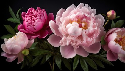 Pink and white peonies on a black background
