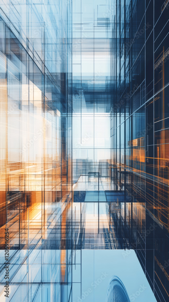 Fototapete Modern architectural design featuring a complex structure of intersecting lines and transparent materials, creating a futuristic and abstract geometric pattern