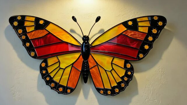 Stained glass butterfly artwork displayed on wall in a vibrant color scheme
