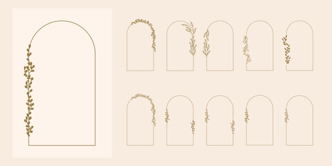 Zestaw dekoracyjnych ramek w minimalistycznym stylu z delikatnymi listkami. Proste botaniczne dekoracje do wykorzystania w projektach. © Monika
