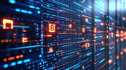 Abstract digital data stream flowing on server rack.