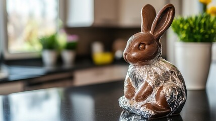 Chocolate Bunny Wrapped in Foil on Kitchen Counter