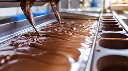 Melted Chocolate Flowing into Molds in Factory