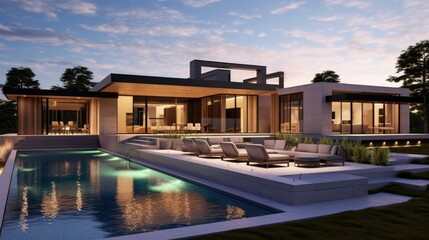 Fototapeta premium Modern Luxury Home with Infinity Pool at Dusk