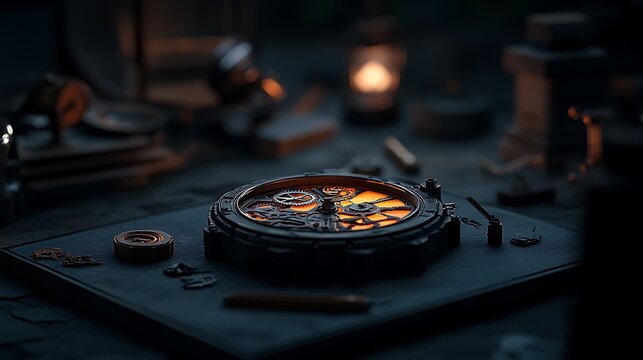 Steampunk clockwork mechanism repair workshop, dimly lit