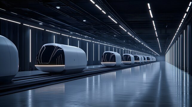Futuristic Underground Hyperloop Terminal with Sleek Transport Pods in Modern Lighting Environment
