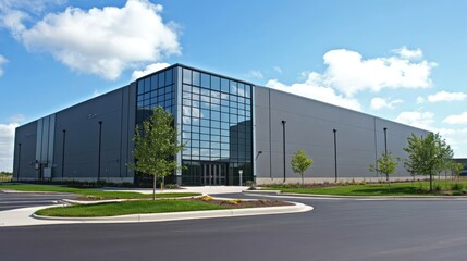 Obraz premium Modern Gray Industrial Building With Glass Facade