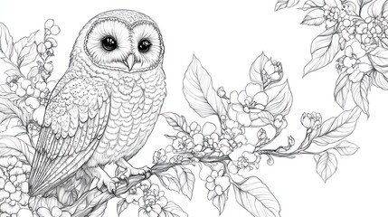 A whimsical owl perched on a branch with detailed feathers, leaves, and flowers, drawn in a delicate line style for a nature-inspired coloring book 
