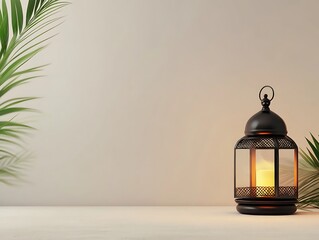 Naklejka premium Illuminated Lantern with Palm Fronds on White Surface