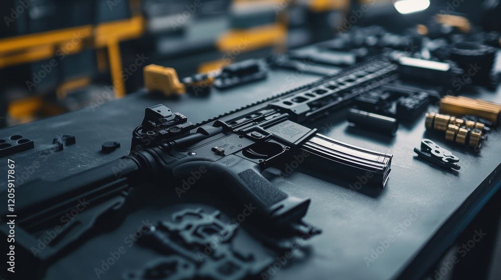 Poster modern sporting rifle is being assembled or modified on a workbench in a factory or workshop, surrou
