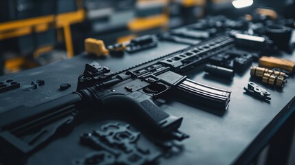 Modern sporting rifle is being assembled or modified on a workbench in a factory or workshop, surrounded by various parts and accessories