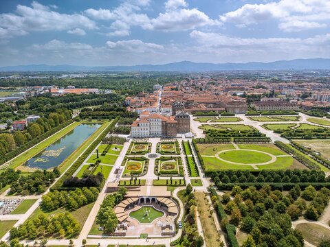 The drone aerial view of The Palace of Venaria (Italian: Reggia di Venaria Reale) , is a former royal residence and gardens located in Venaria Reale, in the Piedmont region in Italy.