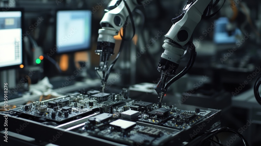 Poster located in a technologically advanced factory, robotic arms are precisely assembling circuit boards,