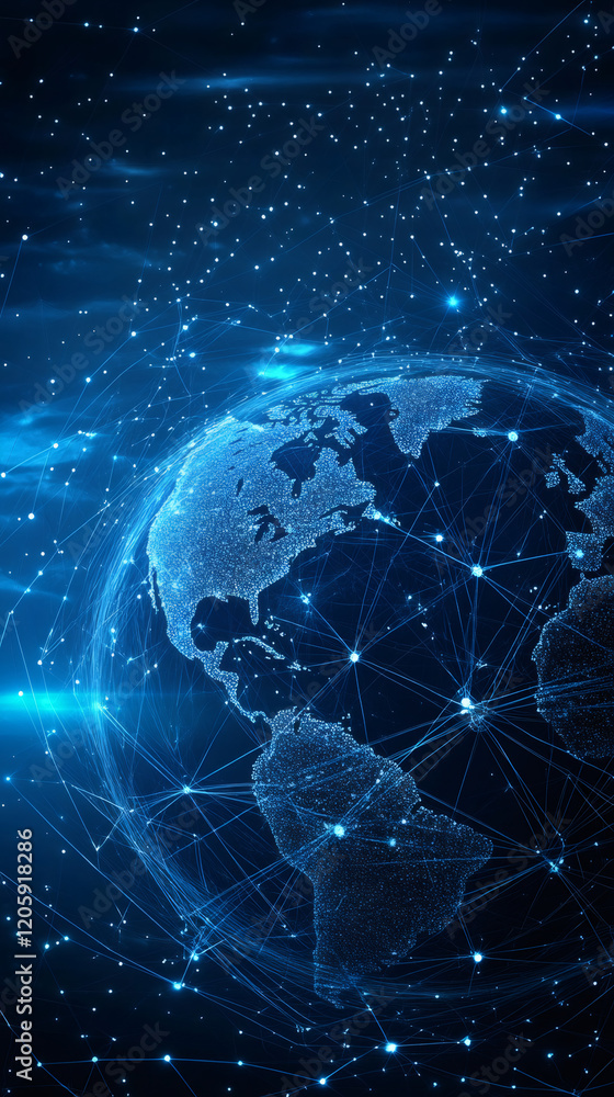 Poster Connecting continents through a vibrant network, illustrating a global web of communication and technology across planet Earth