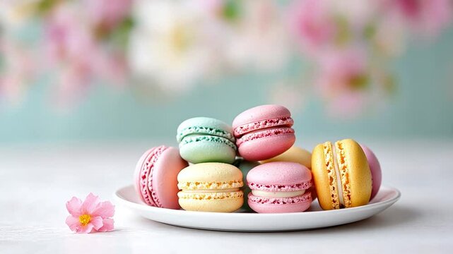 Colorful macarons arranged on a plate with floral backdrop