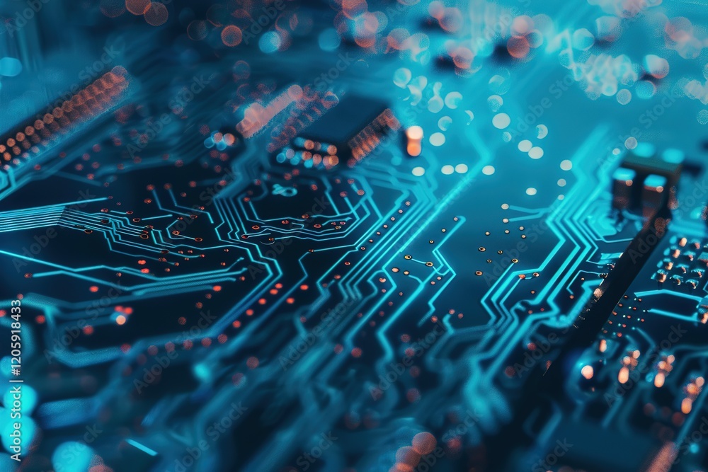Poster a close up of a computer chip with a blue background