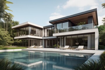 Fototapeta premium Modern Luxury Home With Pool And Lush Landscaping