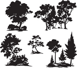 A set of tree silhouettes for flat design. Hand drawn vector illustration