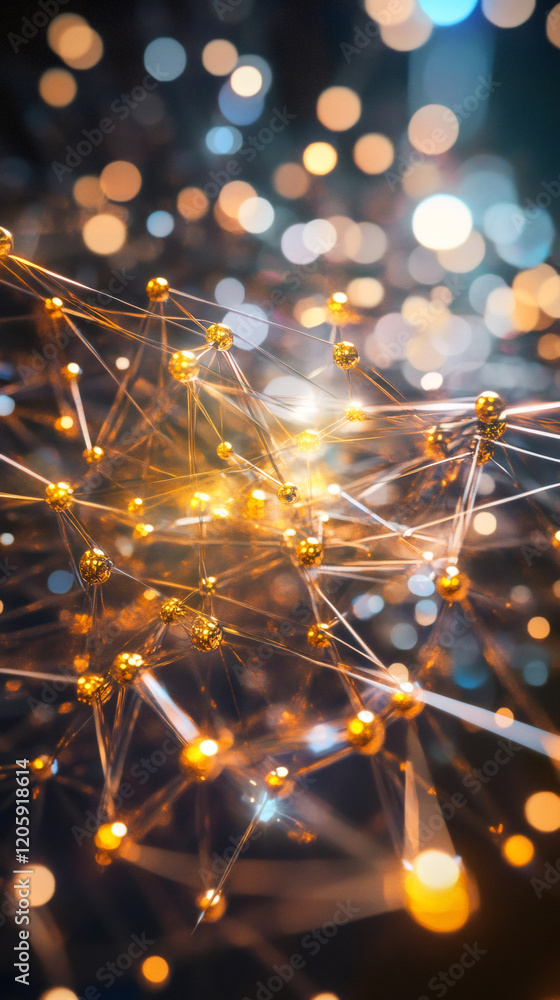 Fototapete Intricate golden network nodes connecting worldwide, visualizing digital communication and data exchange patterns