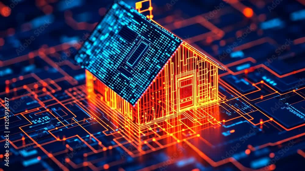 Poster digital representation of a house illuminated in neon colors over a circuit board background showcas