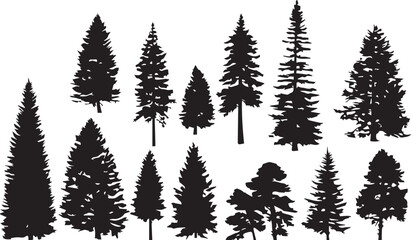 A set of tree silhouettes for flat design. Hand drawn vector illustration