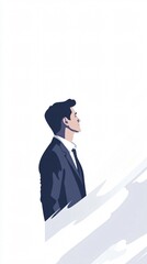 Fototapeta premium Modern Businessman Portrait: Contemplative Male Figure in Minimalist Style | Blue Suit, Side Profile, Abstract Background