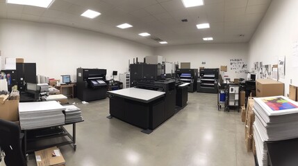 Large Format Printing Room With Multiple Machines And Stacks Of Paper