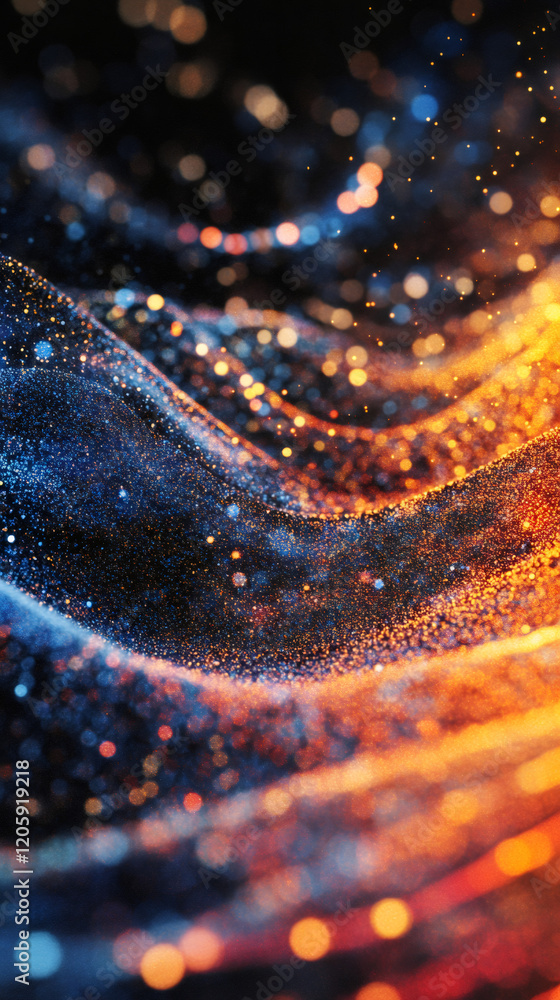 Poster creating an abstract background filled with glowing particles, forming wavy lines and a mesmerizing 