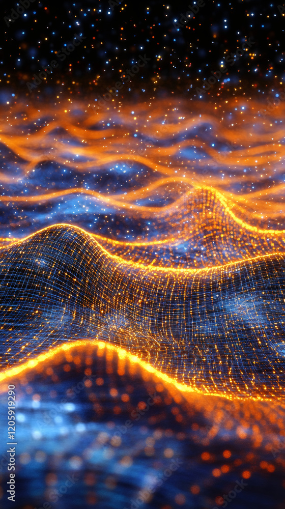 Aufkleber Abstract digital landscape with mountains and glowing particles forming a futuristic sci-fi background