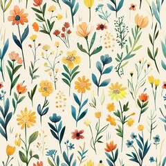 Vibrant Yellow Orange Floral Pattern Seamless Design Pretty Summer Botanical Illustration Watercolor Style Background Texture Repeat Spring Flowers   