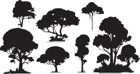 A set of tree silhouettes for flat design. Hand drawn vector illustration