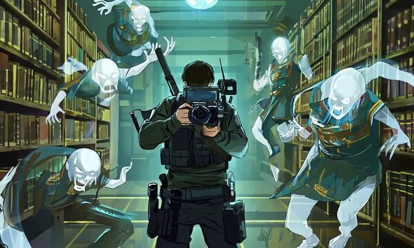 A ghost hunter investigates a mansion where echoes of past horrors manifest as violent apparitions, reliving their deaths, anime-style