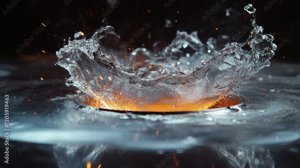 Poster orange light illuminating a water crown splashing from a circular container against a dark backgroun