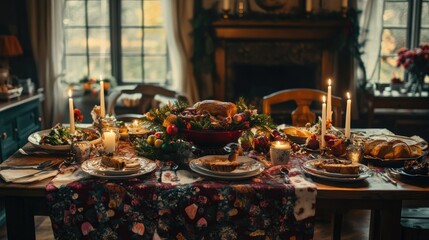 Festive Christmas Dinner Table Setting With Roast Turkey